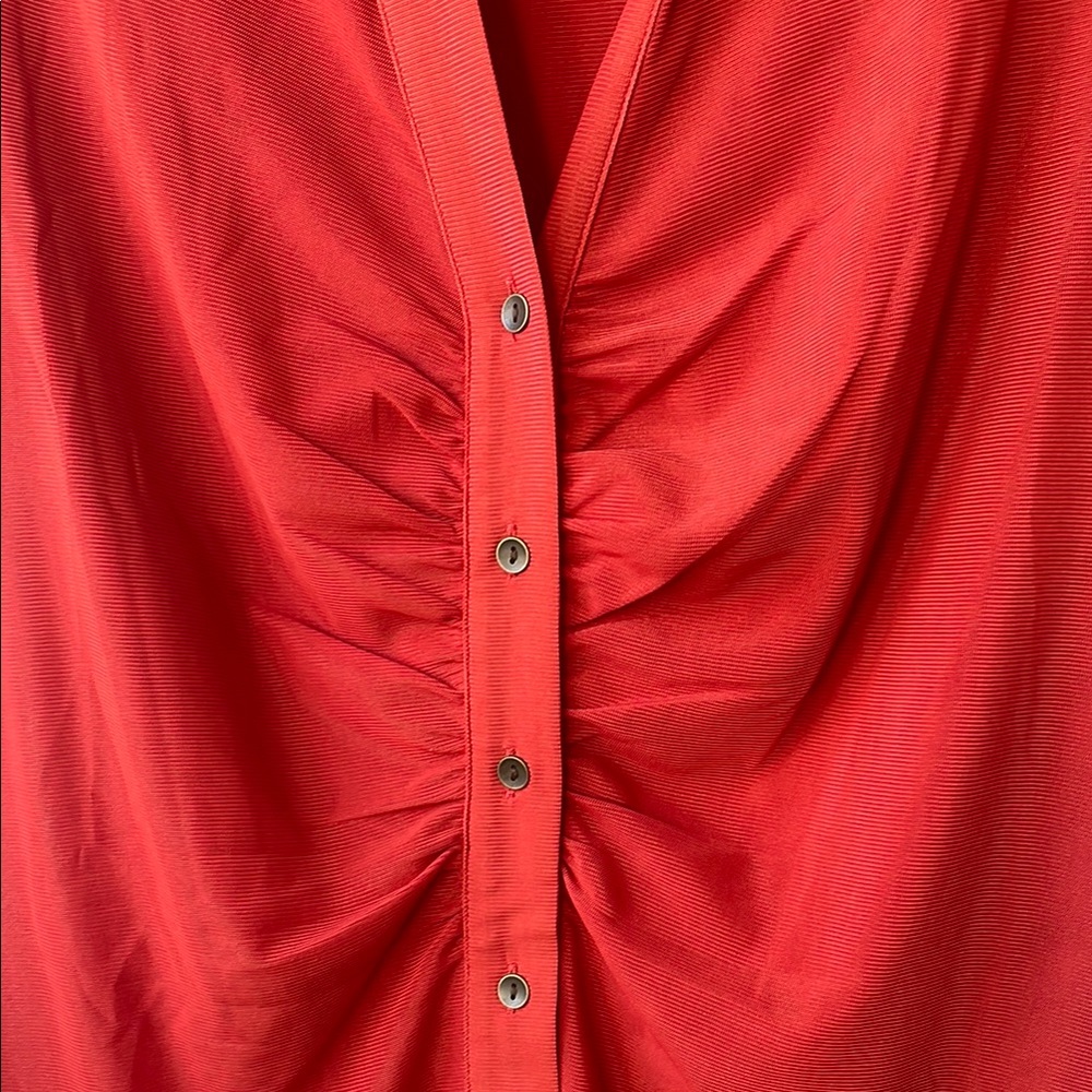 DR2 Ruched Mesh Button Front Shirt Burnt Orange Size M - Picture 3 of 10